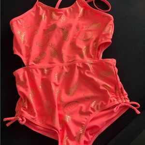 Kids Coral Pink Fruit Print One-Piece Swimsuit